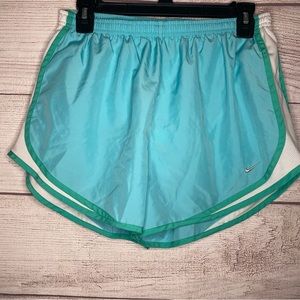 NIKE Dri-Fit women’s athletic sports shorts blue with green and white stripe